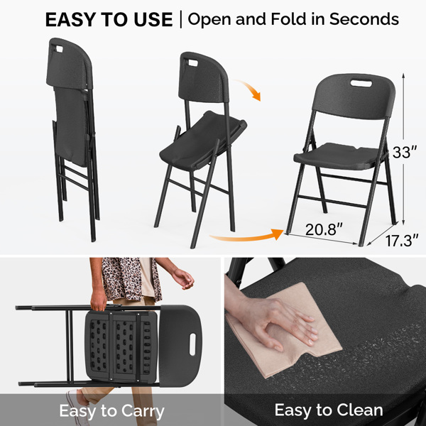 【replace：96964468】4 Pack Plastic Folding Chair with 440-Pound Capacity, Commercial Grade Folding Chair, Portable Chairs for Events Office Wedding Party Picnic Dining, Black