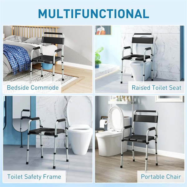 Black multi-functional portable toilet chair with adjustable height