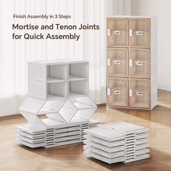 A row of four-layer foldable and stackable multi-size shoe racks is easy to assemble, with high stability and space saving. The storage organizer is equipped with a dustproof transparent door, 