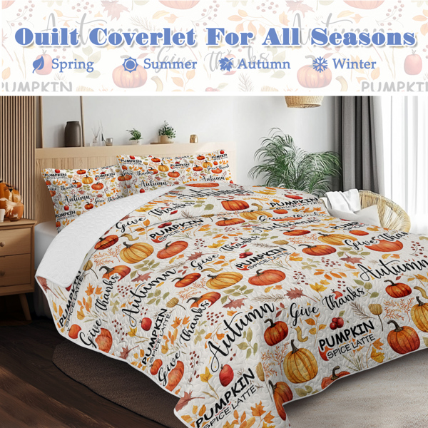 Pumpkin Autumn Leaves Design Quilt Set 3 Pieces Queen Size All Seasons Bedding Quilt Bed Set with 2 Pillowcases for Kids Teens Adults Bedroom Decor Thanksgiving