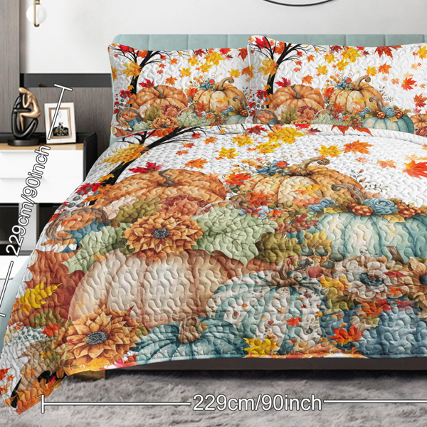 3 Pieces Colorful Oil Painting Pumpkin Pattern Quilt Set Queen Size for All Seasons Flower Fall Leaves Bedding Set with 2 Pillowcases for Kids Adults Thanksgiving Day Gifts