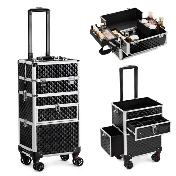  2-in-1 Front Drawer with Slide Rails, Flat Left Drawer, Detachable Universal Wheels, Aluminum, Diamond Pattern, Black, Cosmetic Case, 34*24*72.5cm