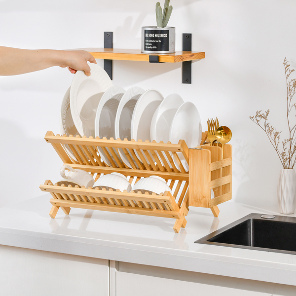 Collapsible 2-Tier Bamboo Dish Drying Rack – Foldable Wooden Dish Drainer with Utensil Holder, Space-Saving Dish Rack for Kitchen Countertop