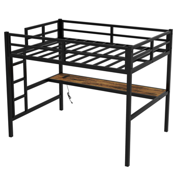 Metal Full Size Loft Bed  with Power Outlet and LED Lighted, Space-Saving, Noise Reduced, Black