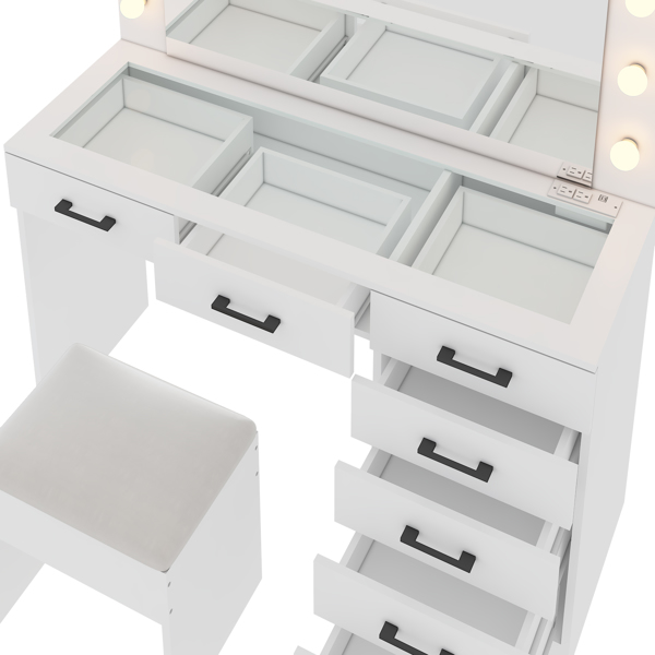 Vanity Desk Set with Large Lighted Mirror and Powre Outlet, Glass Top Makeup Vanity with 7 Drawers, Vanity Table with 12 LED Lights, 3 Lighting Color Adjustable, White