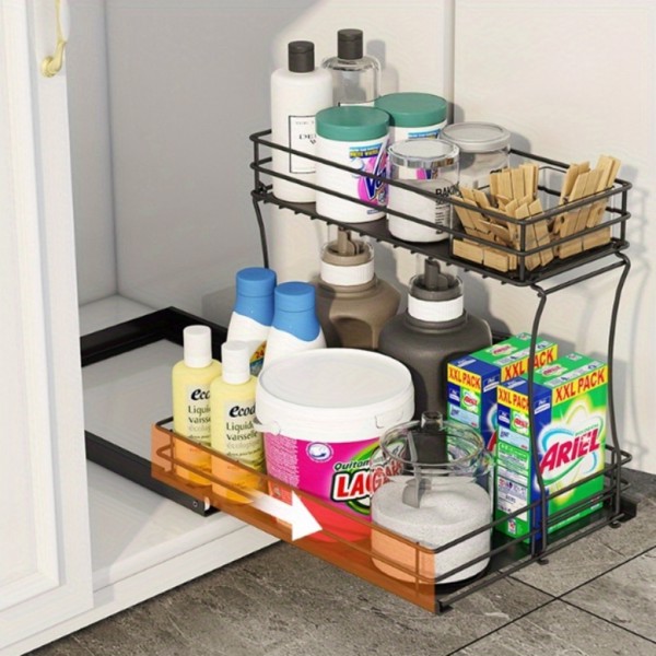 Two-layer sink organizer, pull out cabinet organizer Two-layer slide out of the sink cabinet organizer, kitchen bathroom cabinet sink organizer below, Medium, black