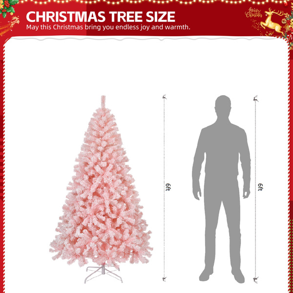 6 FT Pre-lit Snow Flocked Christmas Tree, Artificial Hinged Xmas Pine Tree with 800 Branch Tips, 300 Lights and Remote Control for Holiday Party Office Home, Snowy Pink