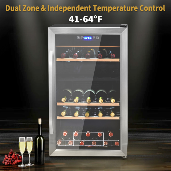 ZOKOP Dual Zone Wine and Beverage Refridgerator, 33 Bottle Wine Fridge with Independent Temperature Control & Glass Door, Freestanding Wine Cooler Chiller for Wine Champagne Beer