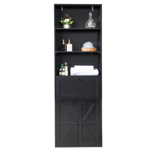 FCH 3-Layer 1 Drawer 2 Doors Double Z Shape Melamine Board 60*23.5*180cm Display Cabinet Black