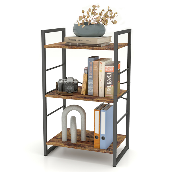 Small Bookshelf 3-Tier Bookcase, Metal Bookshelf for Study, Bedroom, Living Room and Kitchen, Height Adjustable (Brown)