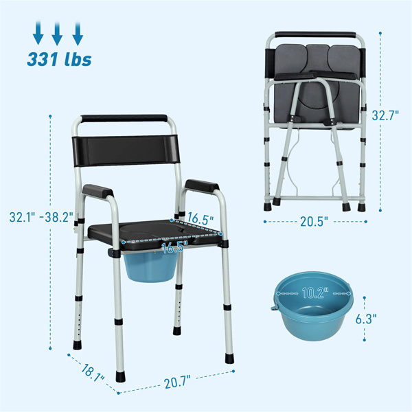 Black multi-functional portable toilet chair with adjustable height