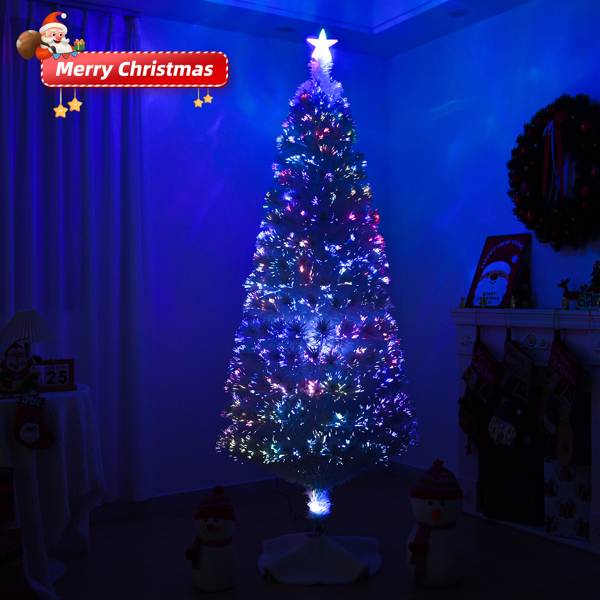 7 FT Pre-lit Christmas Tree, Artificial Fiber Optic Christmas Tree with Lighted Top Star and 280 Branch Tips, Holiday Xmas Decoration Tree for Home Office Store Party, White