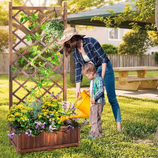 Wood Planter Raised Garden Bed with Trellis, 67 Inch Height Outdoor Garden Flower Standing Planter Box Lattice Panels with Planter for Patio Porch with Drainage Holes, Brown