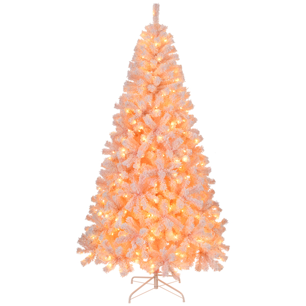 6 FT Pre-lit Snow Flocked Christmas Tree, Artificial Hinged Xmas Pine Tree with 800 Branch Tips, 300 Lights and Remote Control for Holiday Party Office Home, Snowy Pink