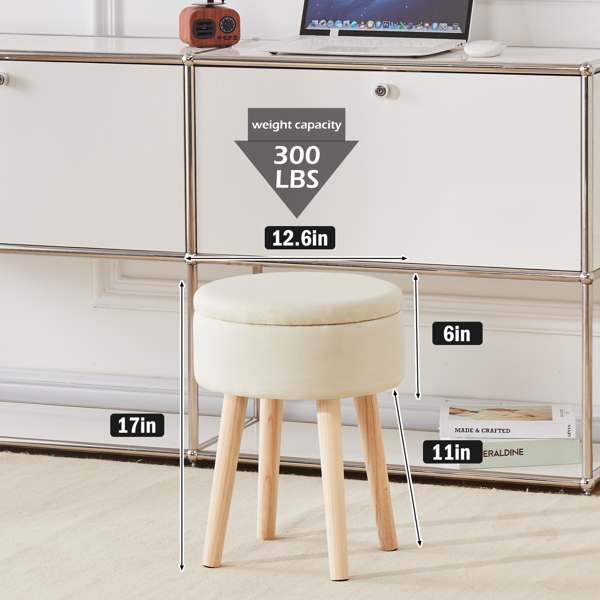 Storage Ottoman Linen Round Vanity Stool Tray Top Modern Foot Stool with Wood Legs Multifunctional Upholstered Foot Ottoman Rest for Living Room, Bathroom, Makeup White