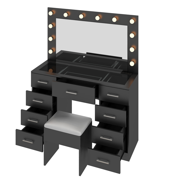 Vanity Desk Set with Large Lighted Mirror and Powre Outlet, Glass Top Makeup Vanity with 9 Drawers, Vanity Table with 12 LED Lights, 3 Lighting Color Adjustable, Black