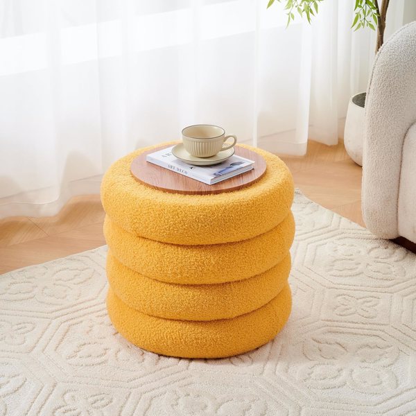 Round Storage Ottoman, Modern Sherpa Footstool, Teddy Vanity Stool with Flip-Top Tray, Makeup Chair for Home Decor, Upholstered Footrest for Living Room & Bedroom (Yellow)