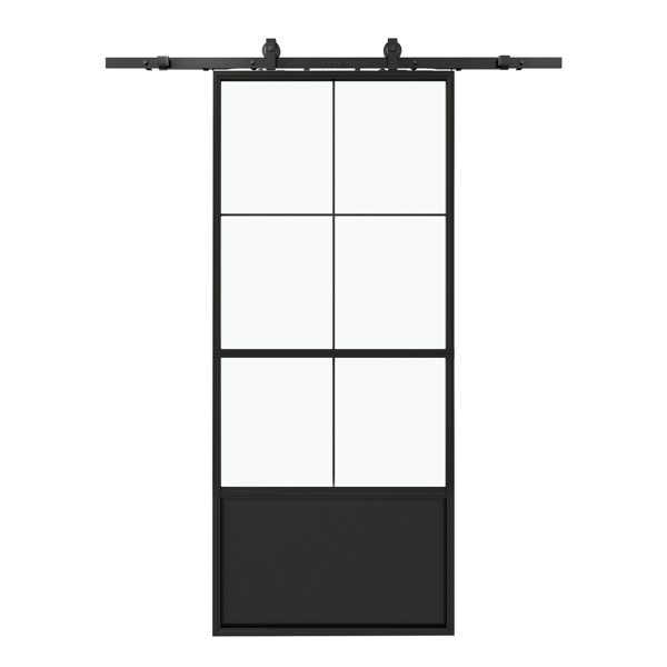 36 in.  x 84 in.     Glass Sliding Barn Door with  6FT Barn Door Hardware Kit & Soft Close Mechanism，Interior Clear Glass Black Steel Frame，Requires Simple DIY Assembly