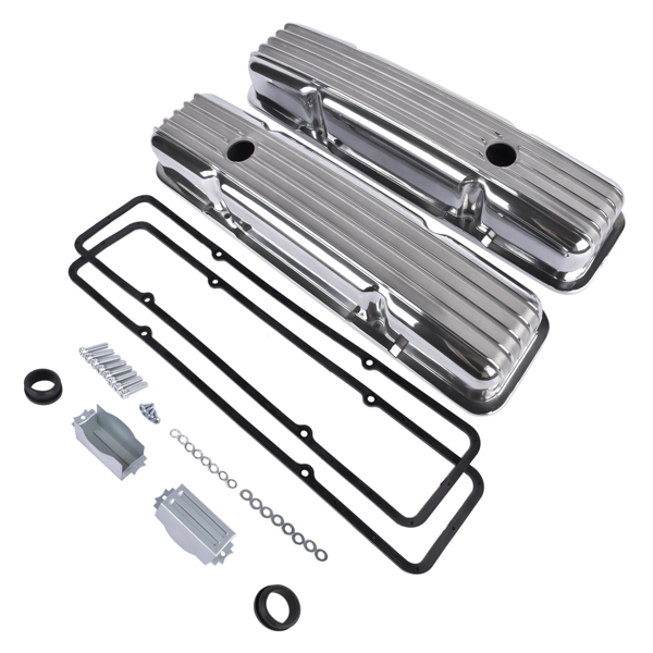 For SBC Small Block Chevy 350 1958-86 Polished Aluminum Finned Short Valve Cover