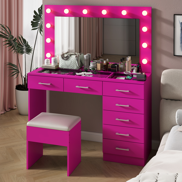 Vanity Desk Set with Large Lighted Mirror and Powre Outlet, Glass Top Makeup Vanity with 7 Drawers, Vanity Table with 12 LED Lights, 3 Lighting Color Adjustable, Pink