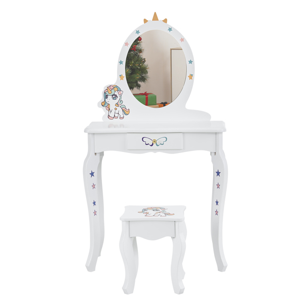 Kids Vanity Table and Chair Set, Girls Vanity with Mirror & Stool, Cute Unicorn Design, Pretend Play Makeup Dressing Princess Table for Toddlers, White