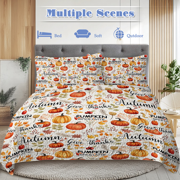 Pumpkin Autumn Leaves Design Quilt Set 3 Pieces King Size All Seasons Bedding Quilt Bed Set with 2 Pillowcases for Kids Teens Adults Bedroom Decor Thanksgiving