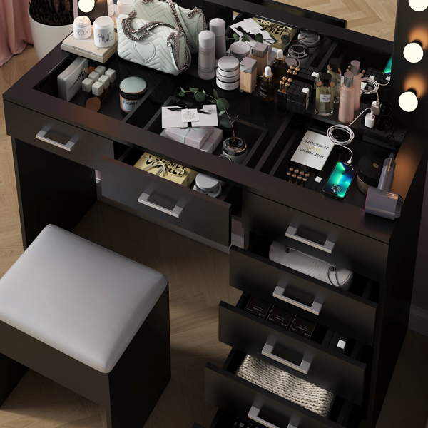 Vanity Desk Set with Large Lighted Mirror and Powre Outlet, Glass Top Makeup Vanity with 7 Drawers, Vanity Table with 12 LED Lights, 3 Lighting Color Adjustable, Black