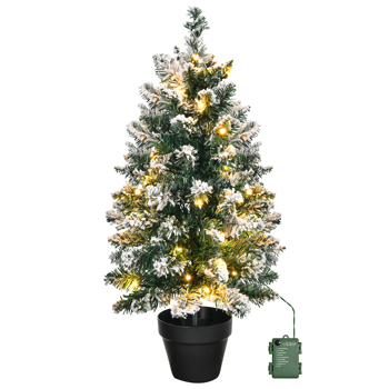 2 FT Snow Flocked Pre-lit Artificial Mini Christmas Tree, Small Tabletop Xmas Tree with Pot Base and 30 Warm Lights Battery Operated for Home Office Store Holiday Deco, Snowy Green