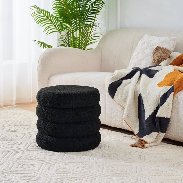 Round Storage Ottoman, Modern Sherpa Footstool, Teddy Vanity Stool with Flip-Top Tray, Makeup Chair for Home Decor, Upholstered Footrest for Living Room & Bedroom (Black)