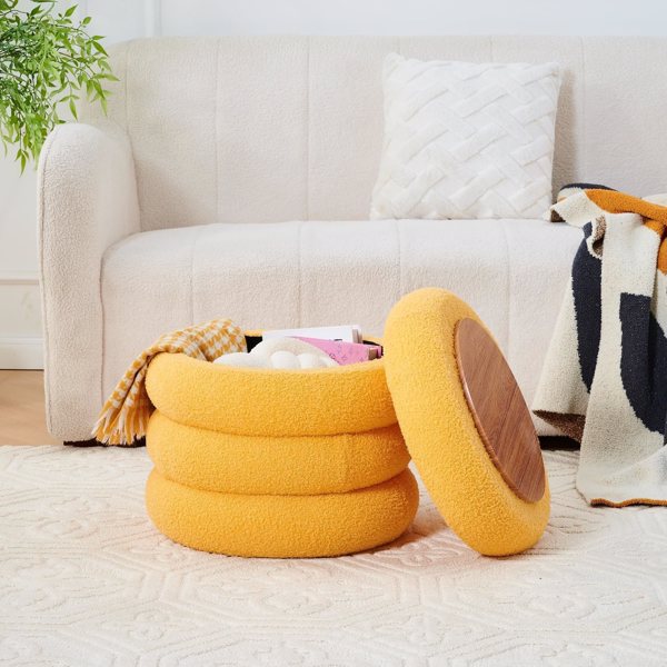 Round Storage Ottoman, Modern Sherpa Footstool, Teddy Vanity Stool with Flip-Top Tray, Makeup Chair for Home Decor, Upholstered Footrest for Living Room & Bedroom (Yellow)