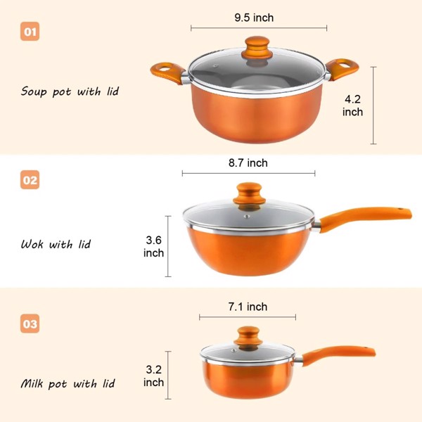  Kitchen Cookware Set, 6 PCS Nonstick Pot and Pan Set-Wok, Soup, Milk Pot Set Orange