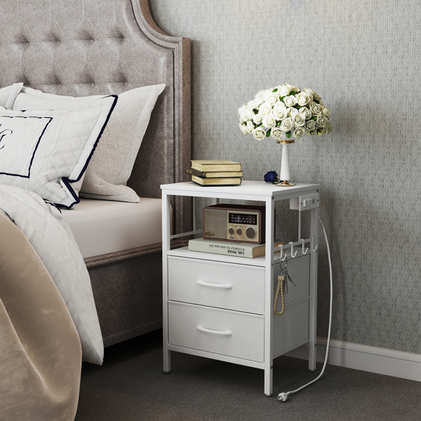 Nightstand with Charging Station, Side Table with Fabric Drawers and Open Shelf, Night Stand for Bedroom Decor, Bedside Table with USB Ports & Outlets (White,1)