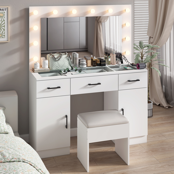 Vanity Desk Set with Large Lighted Mirror and Powre Outlet, Glass Top Makeup Vanity with 3 Drawers and 2 Cabinets, Vanity Table with 12 LED Lights, 3 Lighting Color Adjustable, White