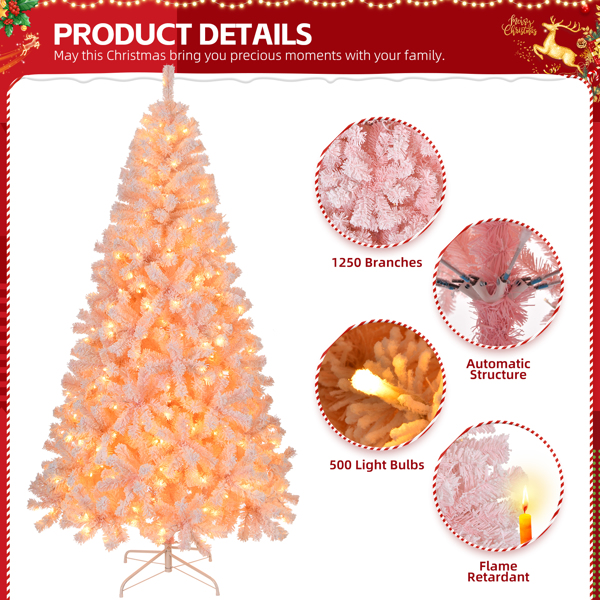 8 FT Pre-lit Snow Flocked Christmas Tree, Artificial Hinged Xmas Pine Tree with 1250 Branch Tips, 500 Lights and Remote Control for Holiday Party Office Home, Snowy Pink