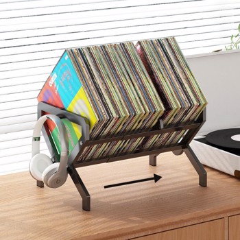 Expandable Vinyl Record Storage Holder, 80-140 LPs Record Display Stand With Headphone Holder, Vinyl Organizer Albums Storage Rack With Dividers For Files, Books, Magazine, Black