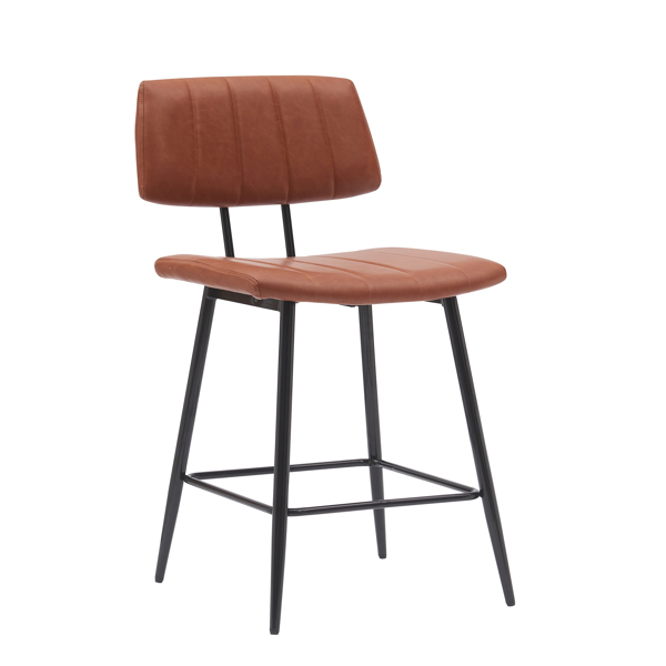 Counter High bar stool 2 piece set, padded bar stool with backrest and metal legs, high seat height, faux leather saddle brown