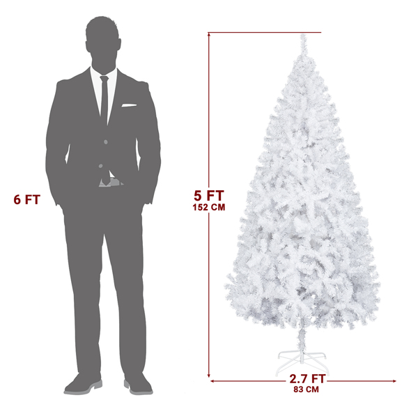 5 FT Artificial Christmas Tree, Unlit Hinged Christmas Pine Tree with 480 Branch Tips and Sturdy Metal Stand, White