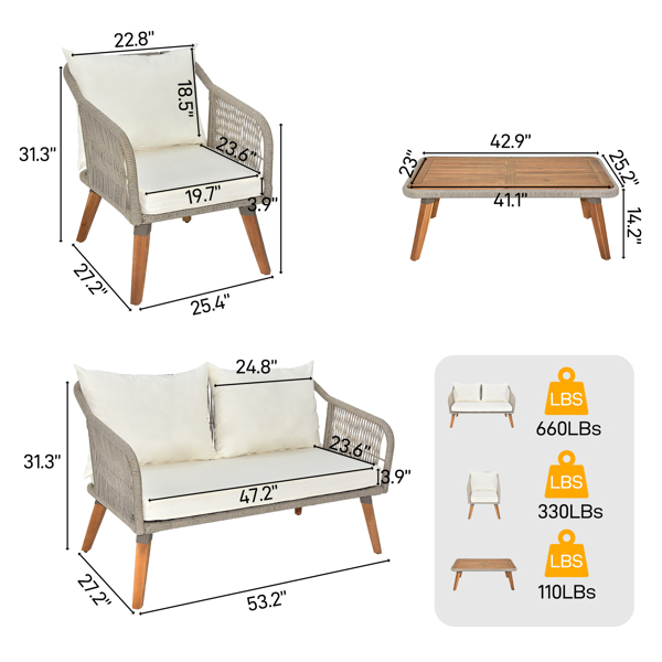 4 Piece Patio Furniture Set, Outdoor Acacia Wood Conversation Set, All-Weather Rope Sofa Set with Coffee Table, Loveseat, Modern Deep Seating Set for Lawn Balcony Poolside, Grey Rope & Beige Cushion