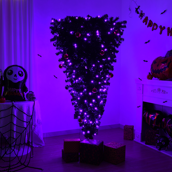 6 FT Pre-lit Upside Down Artificial Christmas Tree, Black Halloween Tree with 250 Purple Lights and Pumpkin & Skull Ornaments