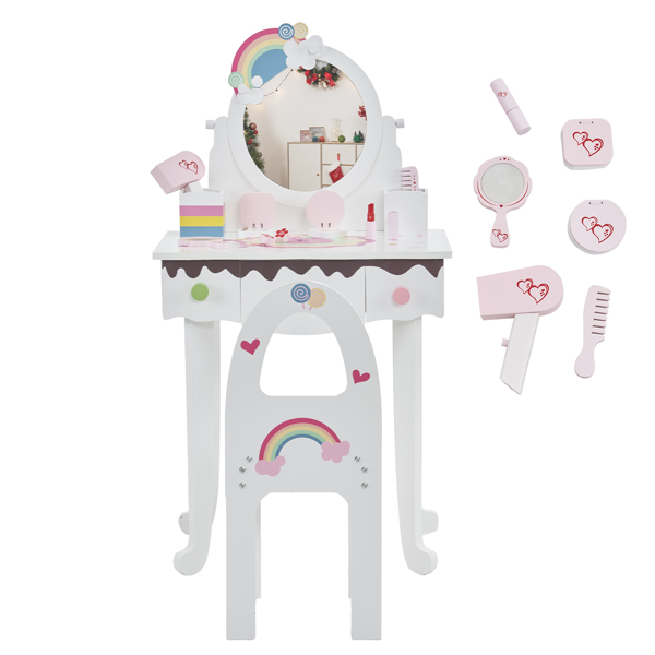 Kids Vanity Table and Chair Set with 7pcs Pretend Play Makeup Toys, Girls Vanity with Mirror & Stool, 3 Drawers & Tabletop Storage, Princess Table for Toddlers, White