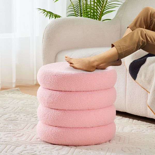 Round Storage Ottoman, Modern Sherpa Footstool, Teddy Vanity Stool with Flip-Top Tray, Makeup Chair for Home Decor, Upholstered Footrest for Living Room & Bedroom (Pink)