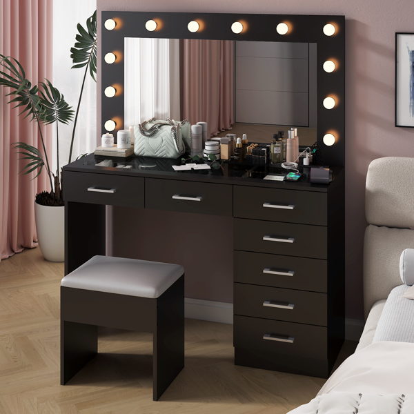 Vanity Desk Set with Large Lighted Mirror and Powre Outlet, Glass Top Makeup Vanity with 7 Drawers, Vanity Table with 12 LED Lights, 3 Lighting Color Adjustable, Black