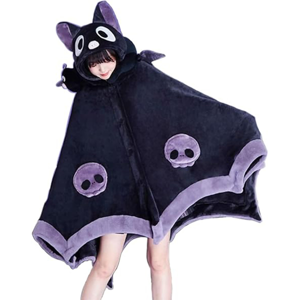 Cute Halloween Wearable Blanket Hoodie Free Size for Adults Devil Bat Hooded Blanket Oversized Soft Sherpa Hoodie Women Throw Cloak Wrap with Demon Wings for Men Child Student