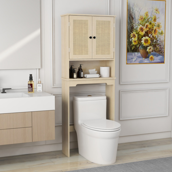 Over The Toilet Storage Cabinet, Bathroom Shelves Over Toilet with 2 Rattan Doors&Adjustable Shelves&Open Storage Shelf-Natural Wood 