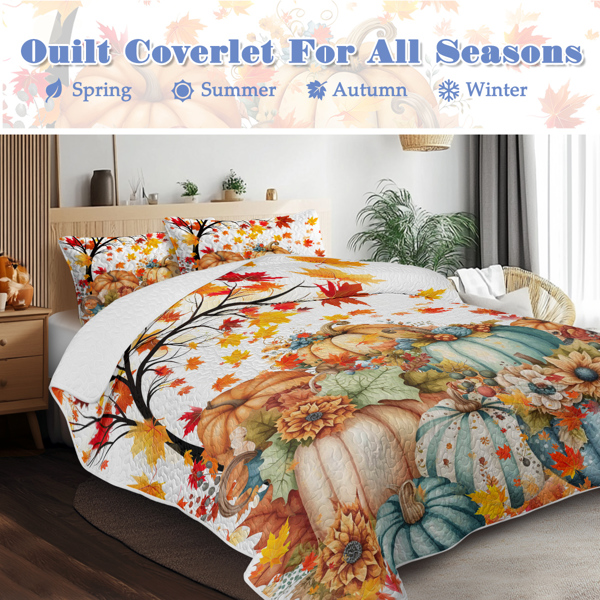 3 Pieces Colorful Oil Painting Pumpkin Pattern Quilt Set King Size for All Seasons Flower Fall Leaves Bedding Set with 2 Pillowcases for Kids Adults Thanksgiving Day Gifts