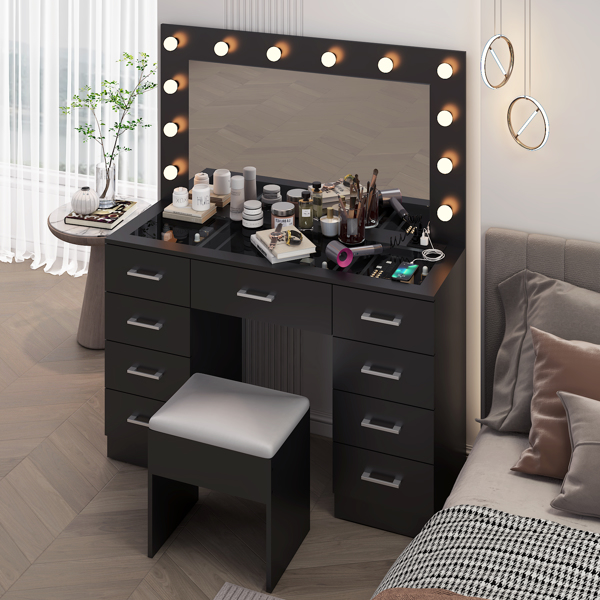 Vanity Desk Set with Large Lighted Mirror and Powre Outlet, Glass Top Makeup Vanity with 9 Drawers, Vanity Table with 12 LED Lights, 3 Lighting Color Adjustable, Black