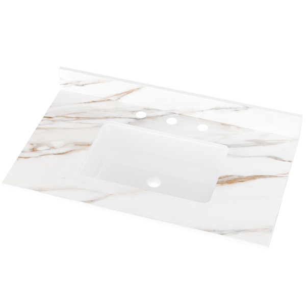 37 Inch Marble Vanity Top, Bathroom Vanity Top with Undermount Rectangular Middle Sink and 4" Height Backsplash, Pre-Drilled Faucet Hole Vanity Top, Three Holes