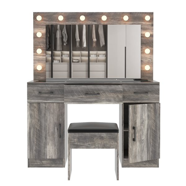 Vanity Desk Set with Large Lighted Mirror and Powre Outlet, Glass Top Makeup Vanity with 3 Drawers and 2 Cabinets, Vanity Table with 12 LED Lights, 3 Lighting Color Adjustable, Grey