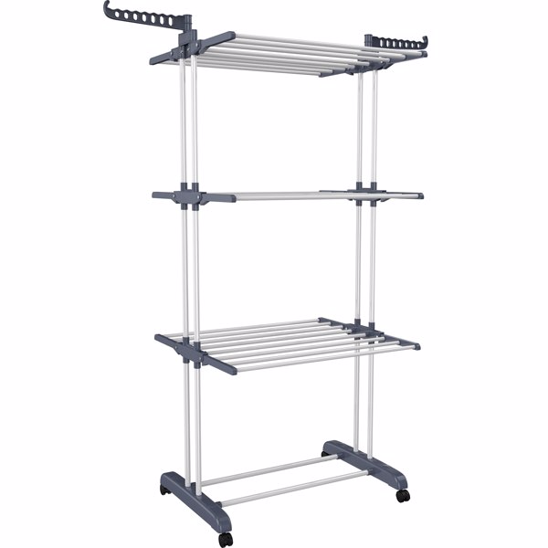 Clothes Drying Rack, Oversized 4-Tier(67.7" High) Foldable Stainless Steel Drying Rack Clothing, Movable Drying Rack with 4 castors, 24 Drying Poles and 14 Hooks for Bed Linen, Clothing, Grey