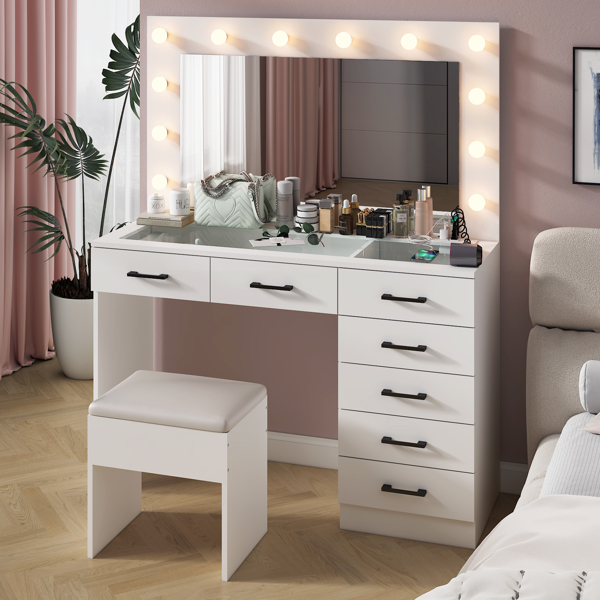 Vanity Desk Set with Large Lighted Mirror and Powre Outlet, Glass Top Makeup Vanity with 7 Drawers, Vanity Table with 12 LED Lights, 3 Lighting Color Adjustable, White